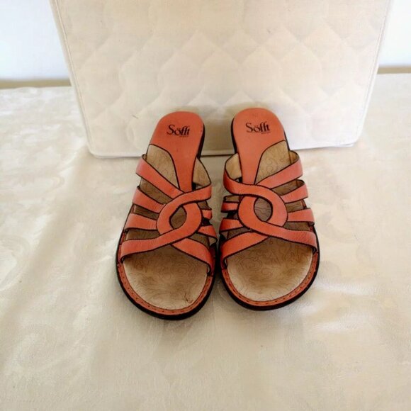 Womens SOFFT Leather Flats Sandals Shoes 10 M Coral Salmon Orange Black Slip On - Picture 2 of 13